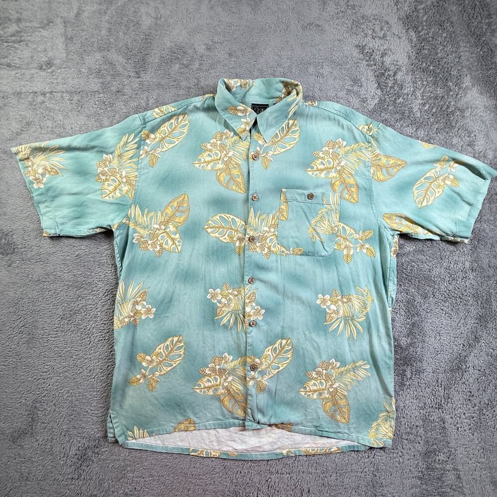 WF Hawaiian Silk Shirt Mens XL Button Up Light Blue Tropical Print Relaxed